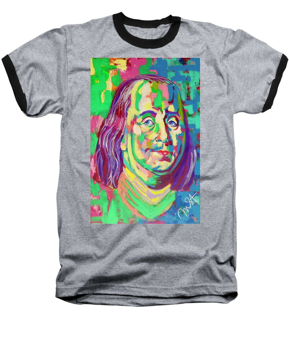Benjamin Franklin Baseball T-Shirt featuring the painting Ben Franklin by Janice Westfall
