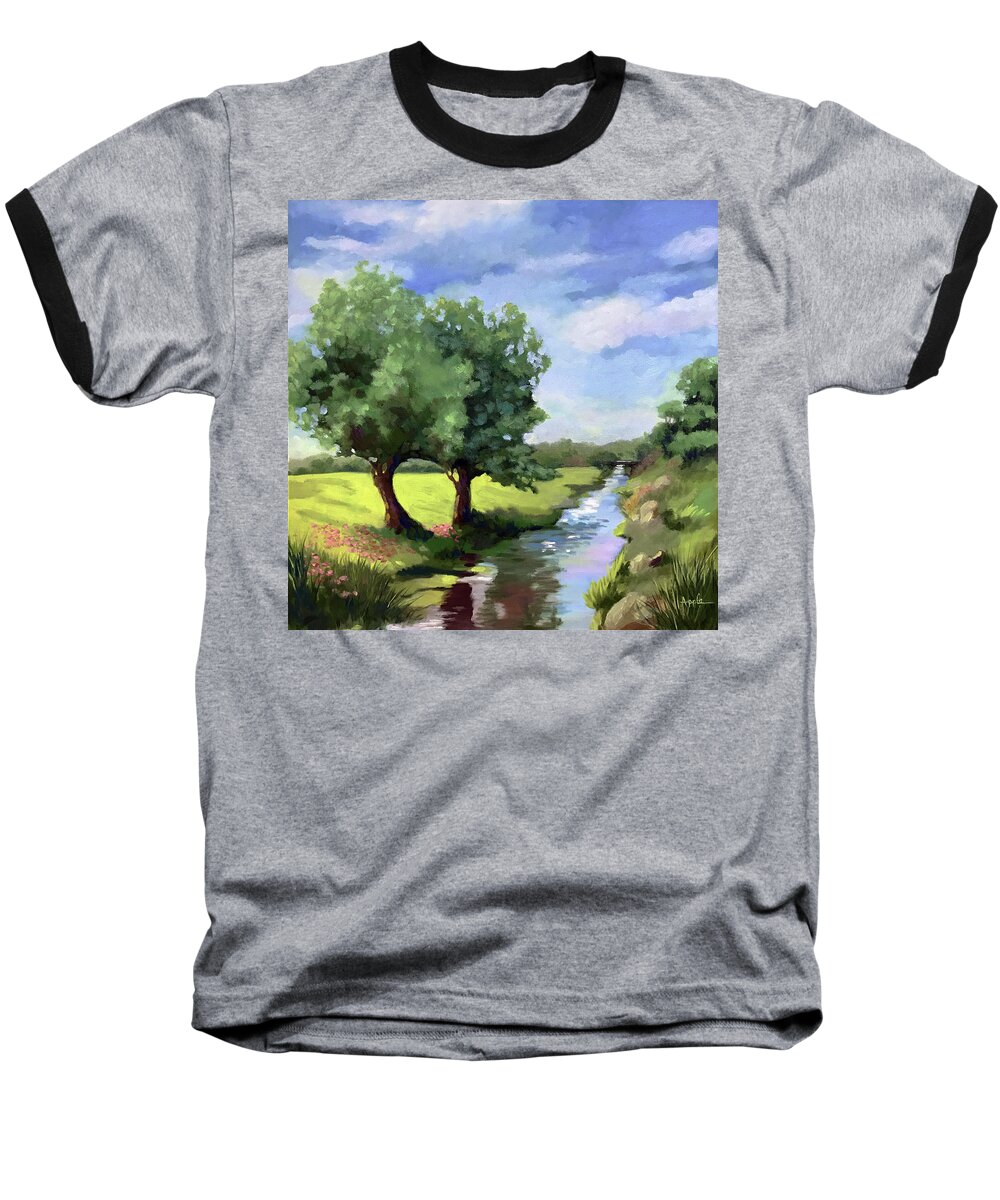 Rural Landscape Baseball T-Shirt featuring the painting Beside the Creek - original rural landscape by Linda Apple