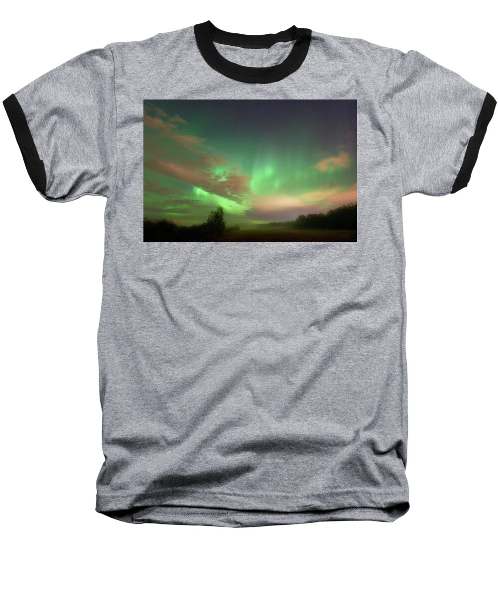 Aurora Borealis Baseball T-Shirt featuring the photograph Between Heaven and Earth by Dan Jurak