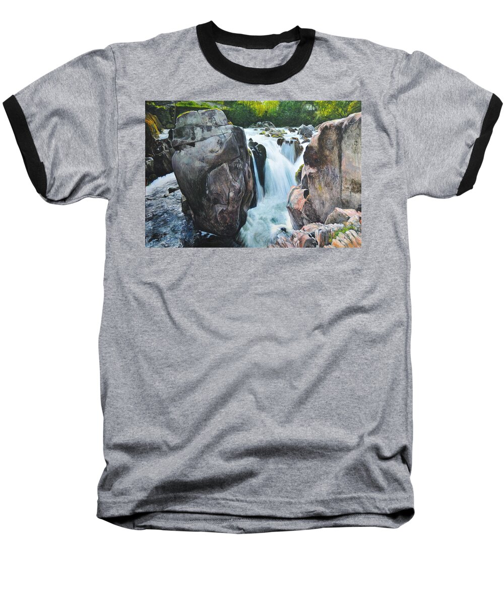Wales Baseball T-Shirt featuring the painting Betws-y-Coed Waterfall in North Wales by Harry Robertson