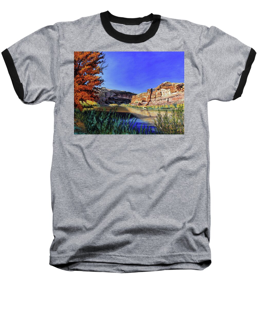 T L Baseball T-Shirt featuring the painting Big Bend on the Colorado by Timithy L Gordon