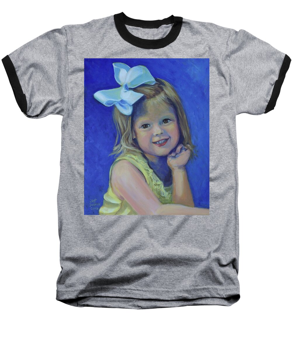 Child Baseball T-Shirt featuring the painting Big Bow Little Girl by Jeanette Jarmon