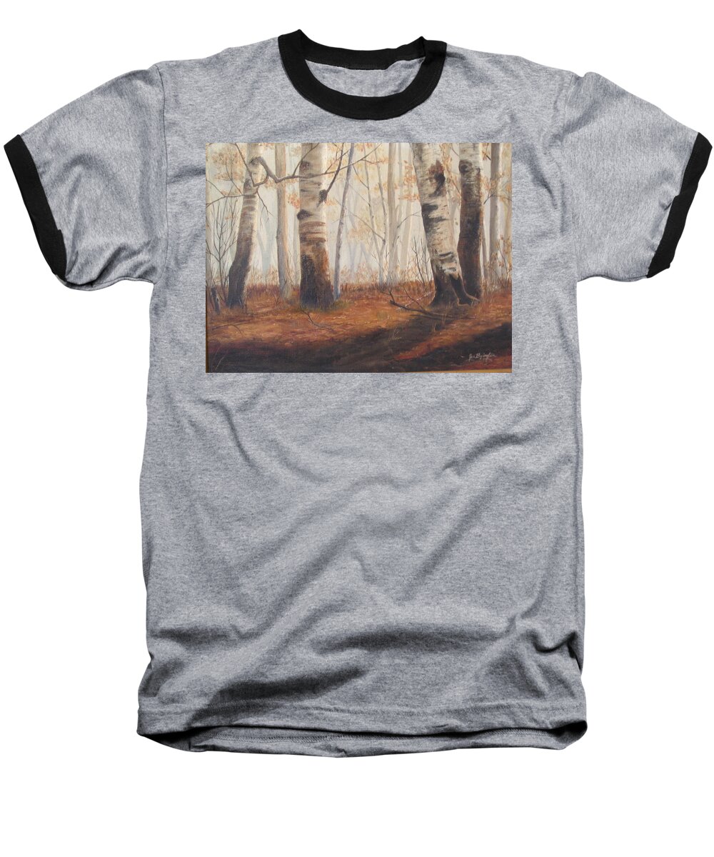 Burnt Orange Baseball T-Shirt featuring the painting Birches by Jan Byington