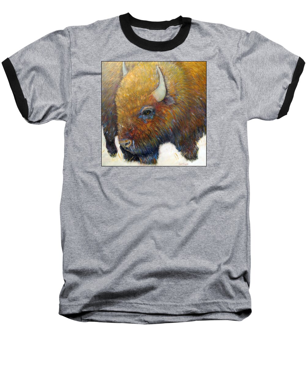 Bison Baseball T-Shirt featuring the painting Bison for T-Shirts and Accessories by Loretta Luglio