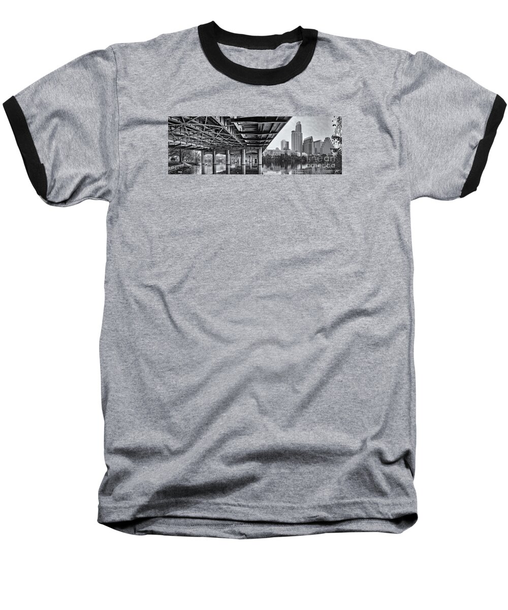 Downtown Baseball T-Shirt featuring the photograph Black and White Panorama of Downtown Austin Skyline Under the Bridge - Austin Texas by Silvio Ligutti
