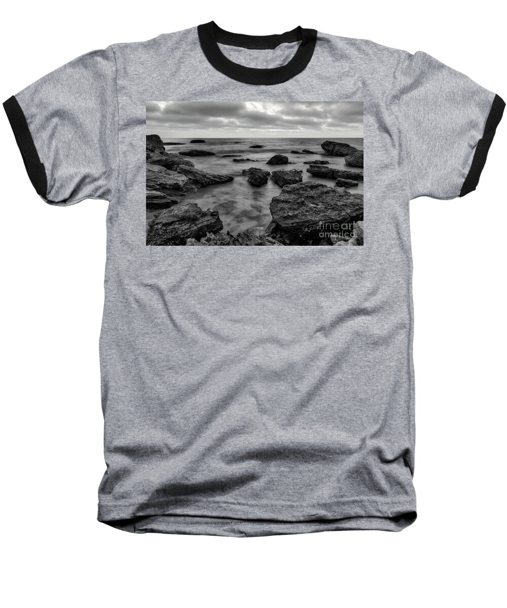 Black Baseball T-Shirt featuring the photograph Black and White Sunset at Low Tide by Eddie Yerkish