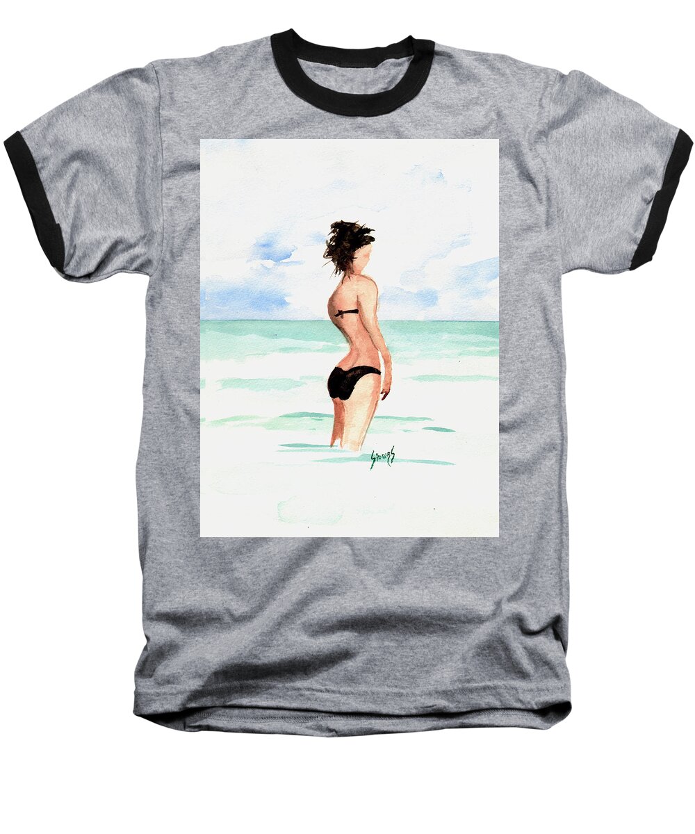 Beach Baseball T-Shirt featuring the painting Black Bikini by Sam Sidders