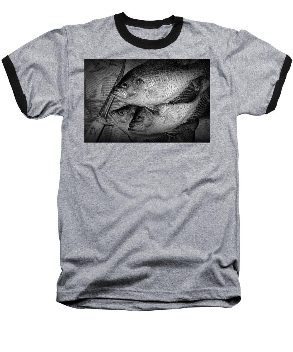 Crappie Baseball T-Shirt featuring the photograph Black Crappie Panfish with Fish Filet Knife in Black and White by Randall Nyhof