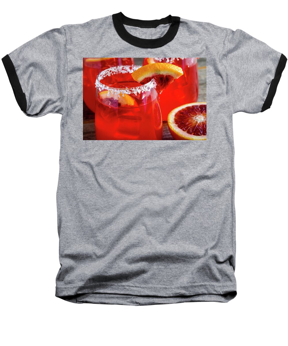 Adult Beverage Baseball T-Shirt featuring the photograph Blood Orange Margaritas on the Rocks by Teri Virbickis