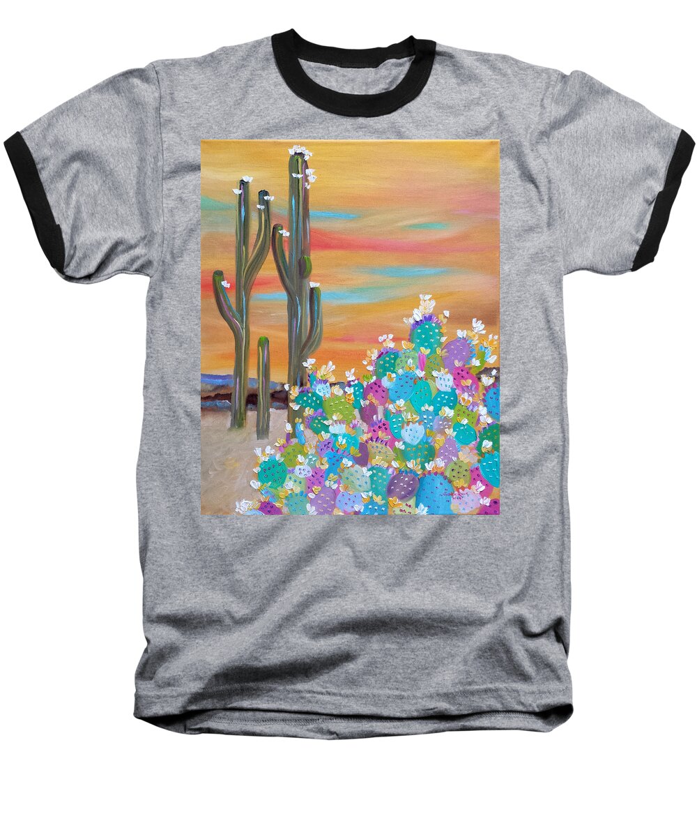 Cactus Baseball T-Shirt featuring the painting Blooming Cacti by Judith Rhue