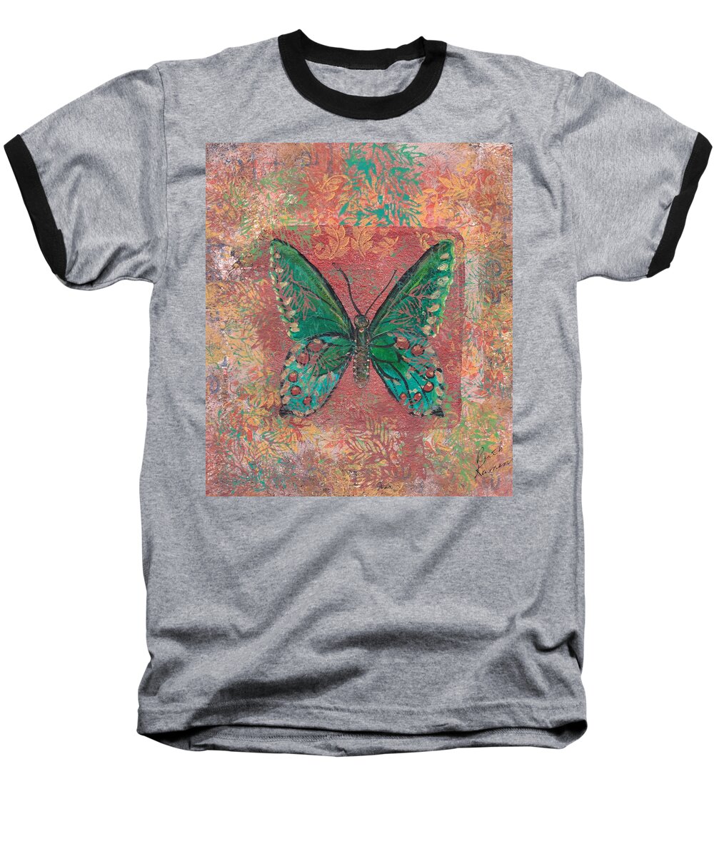 Tropical Butterfly Baseball T-Shirt featuring the painting Blue Butterfly by Ruth Kamenev