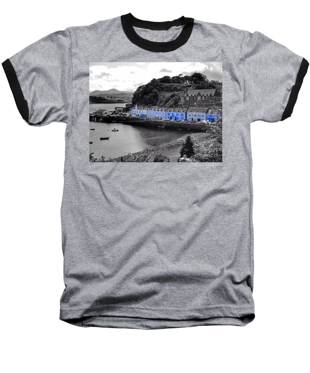 Portree Baseball T-Shirt featuring the photograph Blue Cottages at Portree Harbour 5 by Joan-Violet Stretch