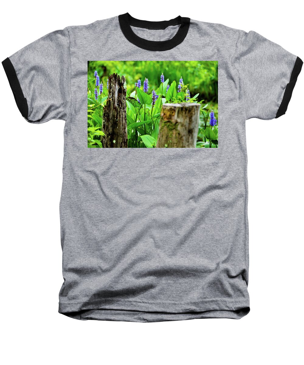 Bloom Baseball T-Shirt featuring the photograph Blue Flowers and Artistic Logs by Dennis Dame