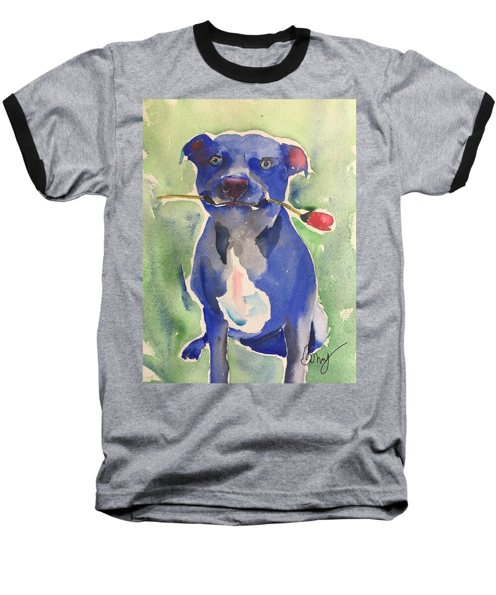 Pitbull Baseball T-Shirt featuring the painting Blue Pit Love by Bonny Butler