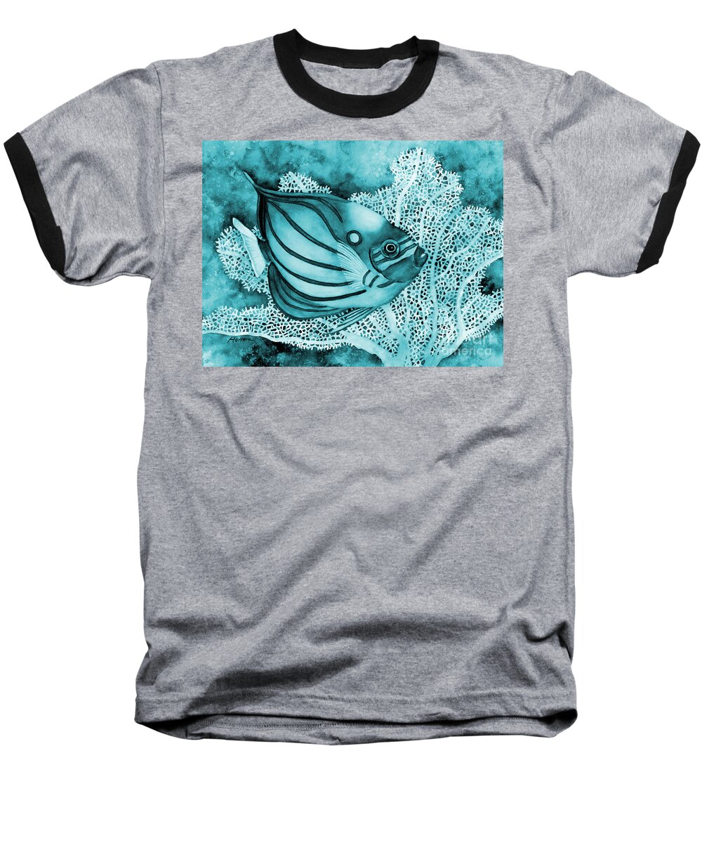 Fish Baseball T-Shirt featuring the painting Blue Ring Angelfish in Blue by Hailey E Herrera