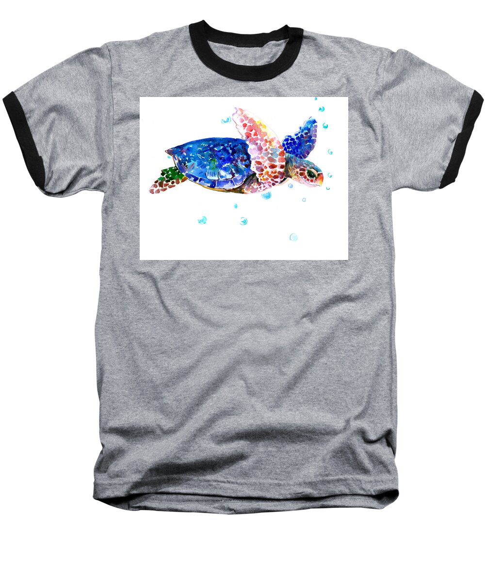 Sea Turtle Baseball T-Shirt featuring the painting Blue Sea Turtle by Suren Nersisyan