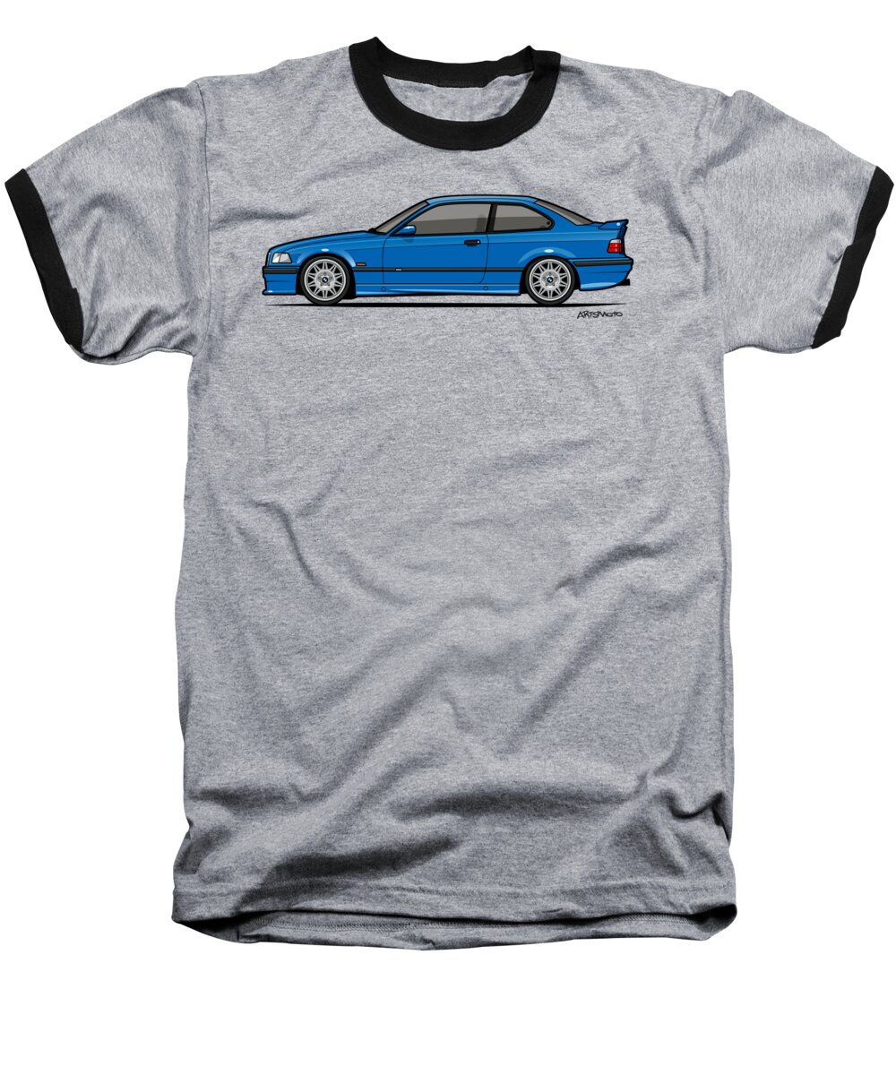 Car Baseball T-Shirt featuring the digital art BMW 3 Series E36 M3 Coupe Estoril Blue by Tom Mayer II Monkey Crisis On Mars