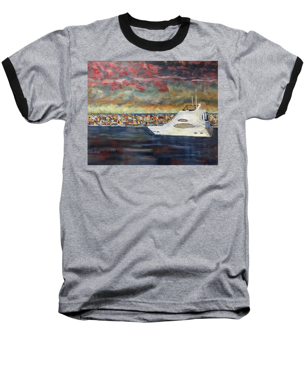 Boat Sky Storm Rocks Marina Water Lake Huron Port Lexington Impression Impressionism Red Blue Orange White Michael Daniels Harbor Harbour Cloud Angry Reflection Baseball T-Shirt featuring the painting Boat at the Windjammer by Michael Daniels