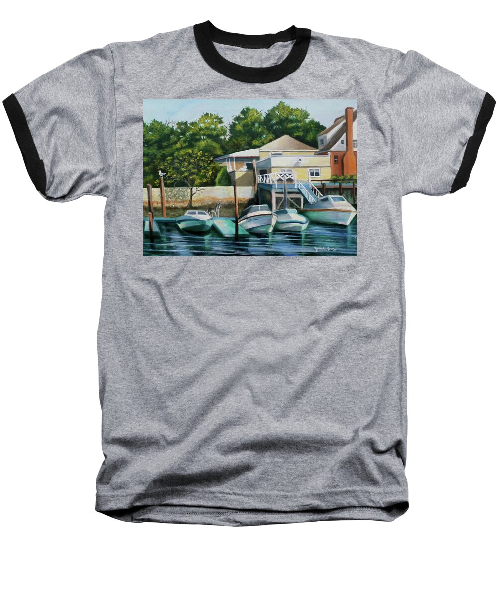 Blue Water With Moving Reflections Baseball T-Shirt featuring the painting Boats On Crossbay Blvd. by Madeline Lovallo