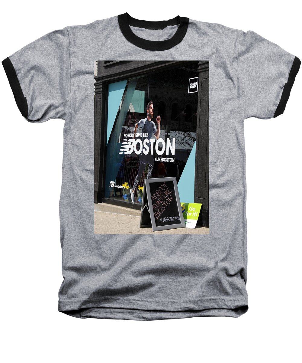 Boston Baseball T-Shirt featuring the photograph Boston Marathon window display by Valerie Collins