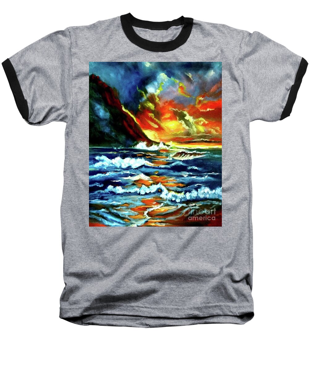 Sunset On Fire Baseball T-Shirt featuring the painting Brilliant Hawaiian Sunset by Jenny Lee