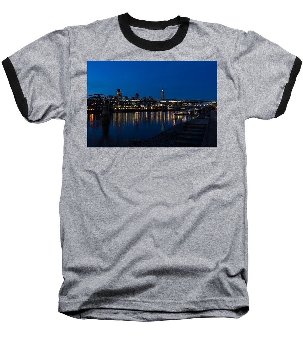 Georgia Mizuleva Baseball T-Shirt featuring the photograph British Symbols and Landmarks - Millennium Bridge and Thames River at Low Tide by Georgia Mizuleva