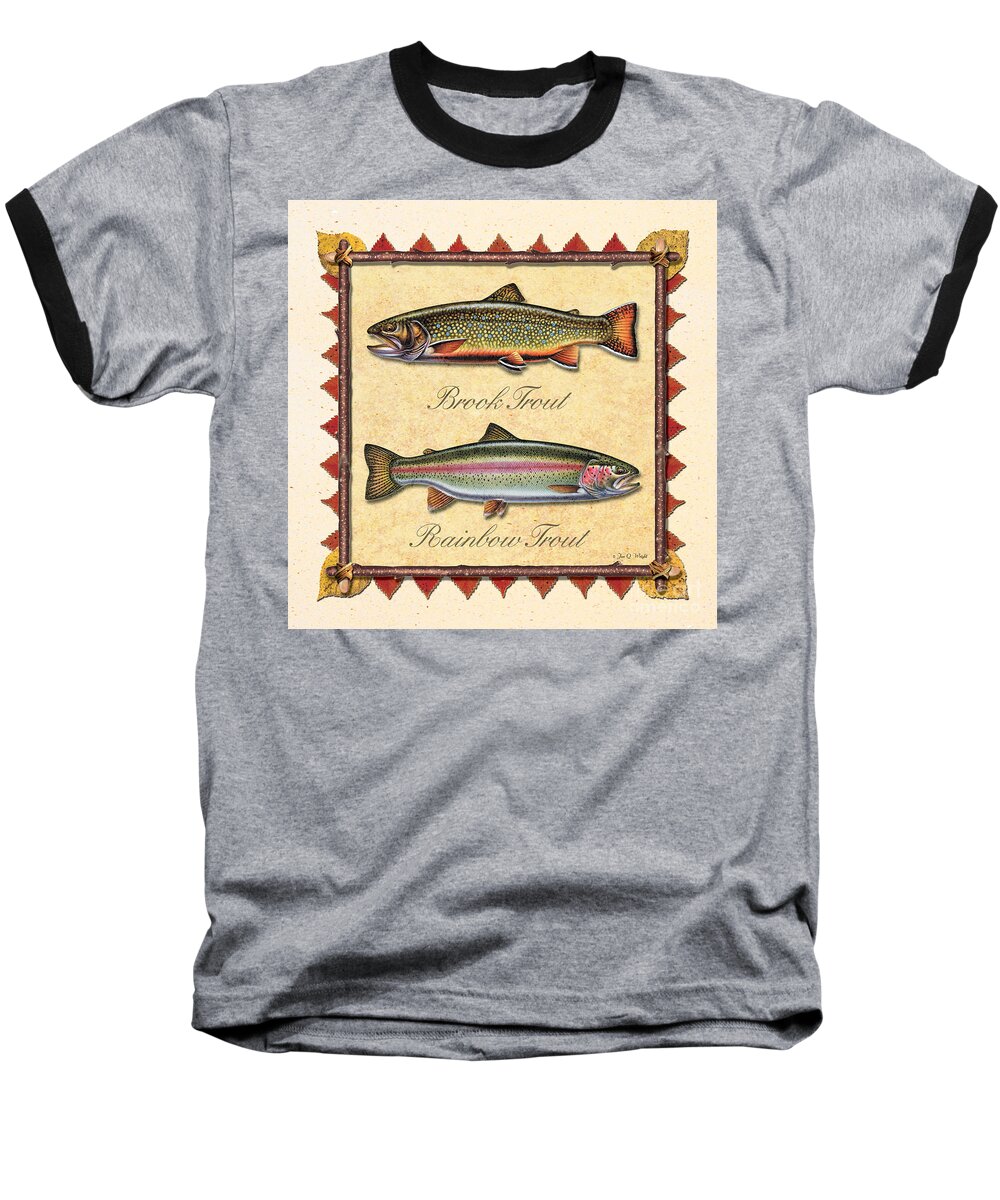 Jon Q Wright Jq Licensing Trout Fly Flyfishing Brown Trout Rainbow Trout Brook Trout Cutthroat Trout Fishing Lodge Cabin Baseball T-Shirt featuring the painting Brook and Rainbow Trout Creme by JQ Licensing