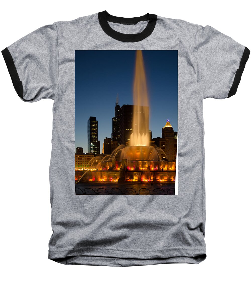 Buckingham Fountain Baseball T-Shirt featuring the photograph Night Time at Buckingham Fountain by Tom Potter