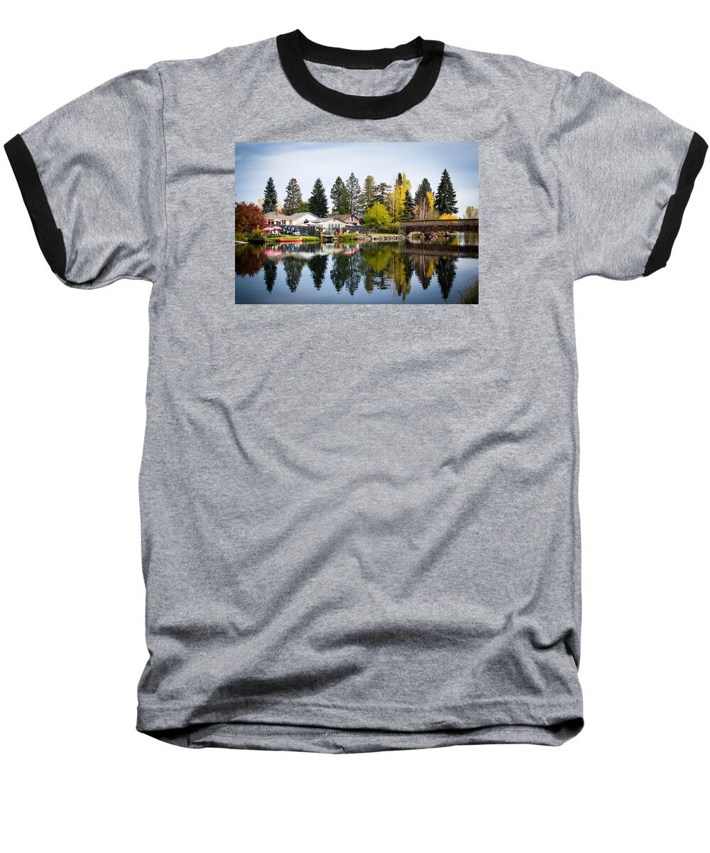 Deschutes River Baseball T-Shirt featuring the photograph bungalows on the Deschutes by Stephen Holst
