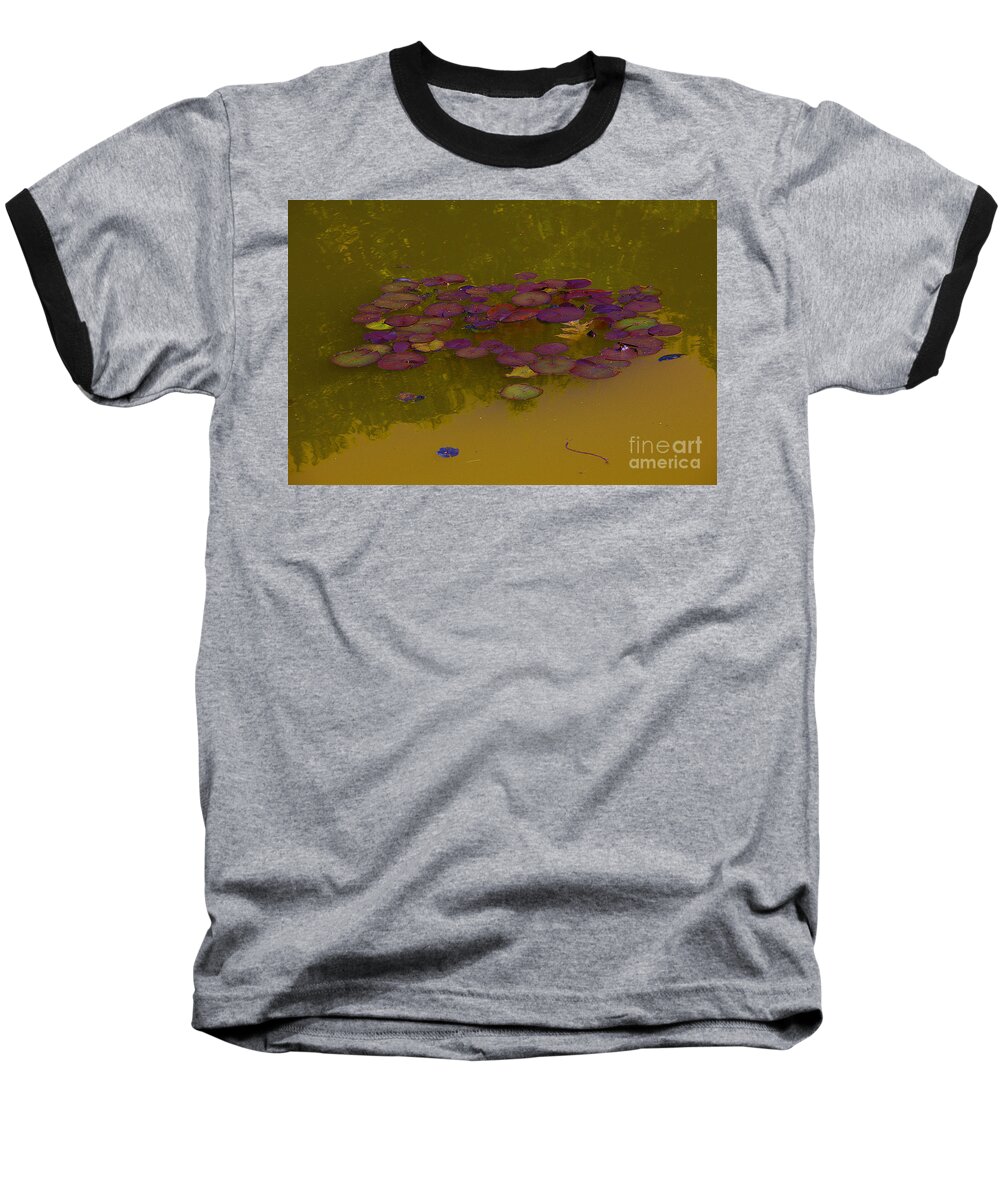Burgundy Lily Pads Baseball T-Shirt featuring the photograph Burgundy Lily Pads, copper water by David Frederick