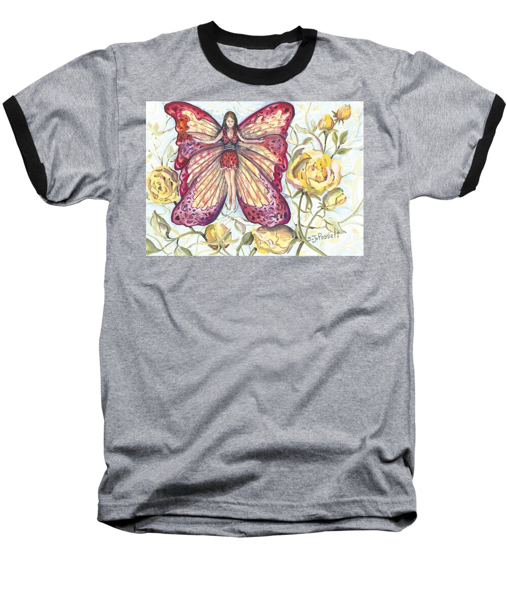 Fairy Baseball T-Shirt featuring the painting Butterfly Grace Fairy by Sheri Jo Posselt