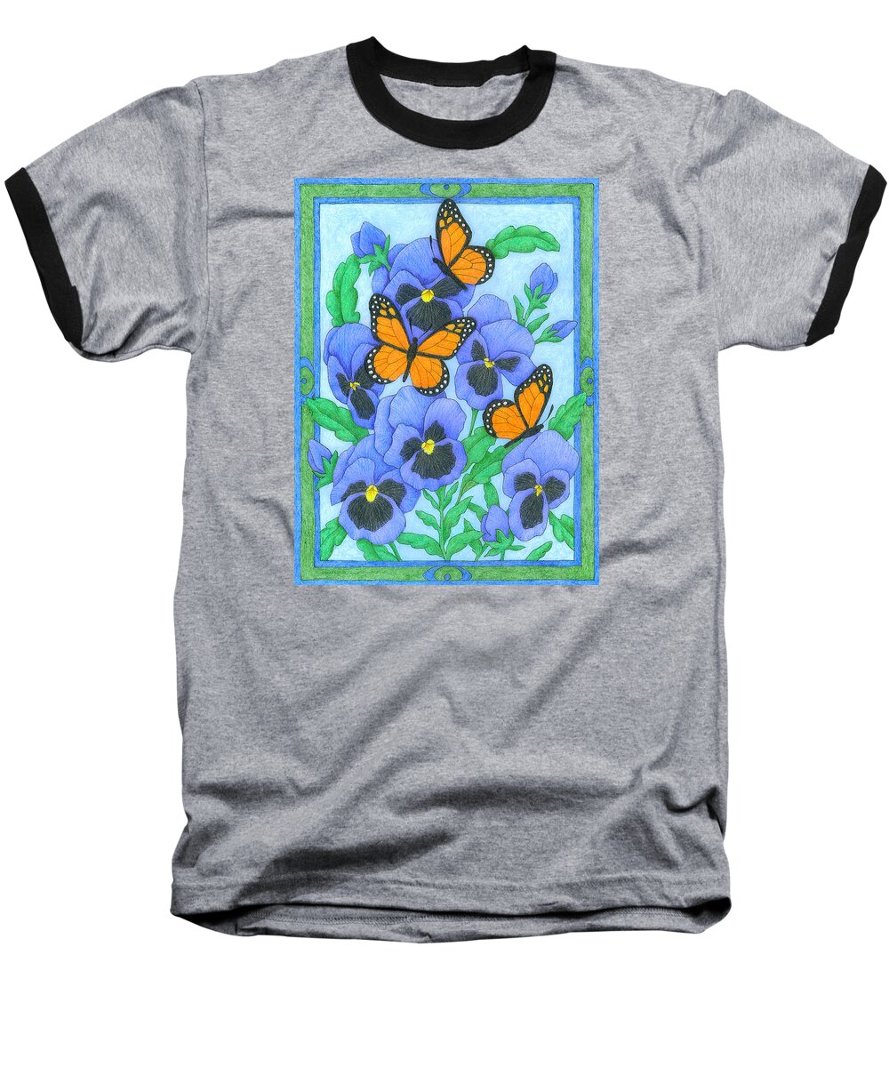 Flower Baseball T-Shirt featuring the drawing Butterfly Idyll-Pansies by Alison Stein