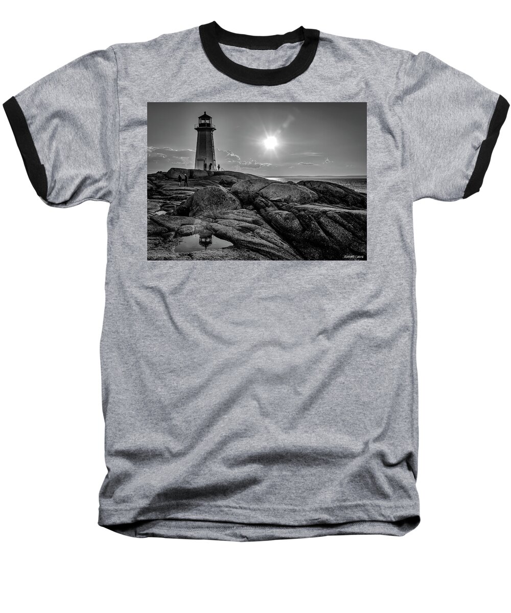 Peggys Cove Baseball T-Shirt featuring the photograph BW of Iconic Lighthouse at Peggys Cove by Ken Morris