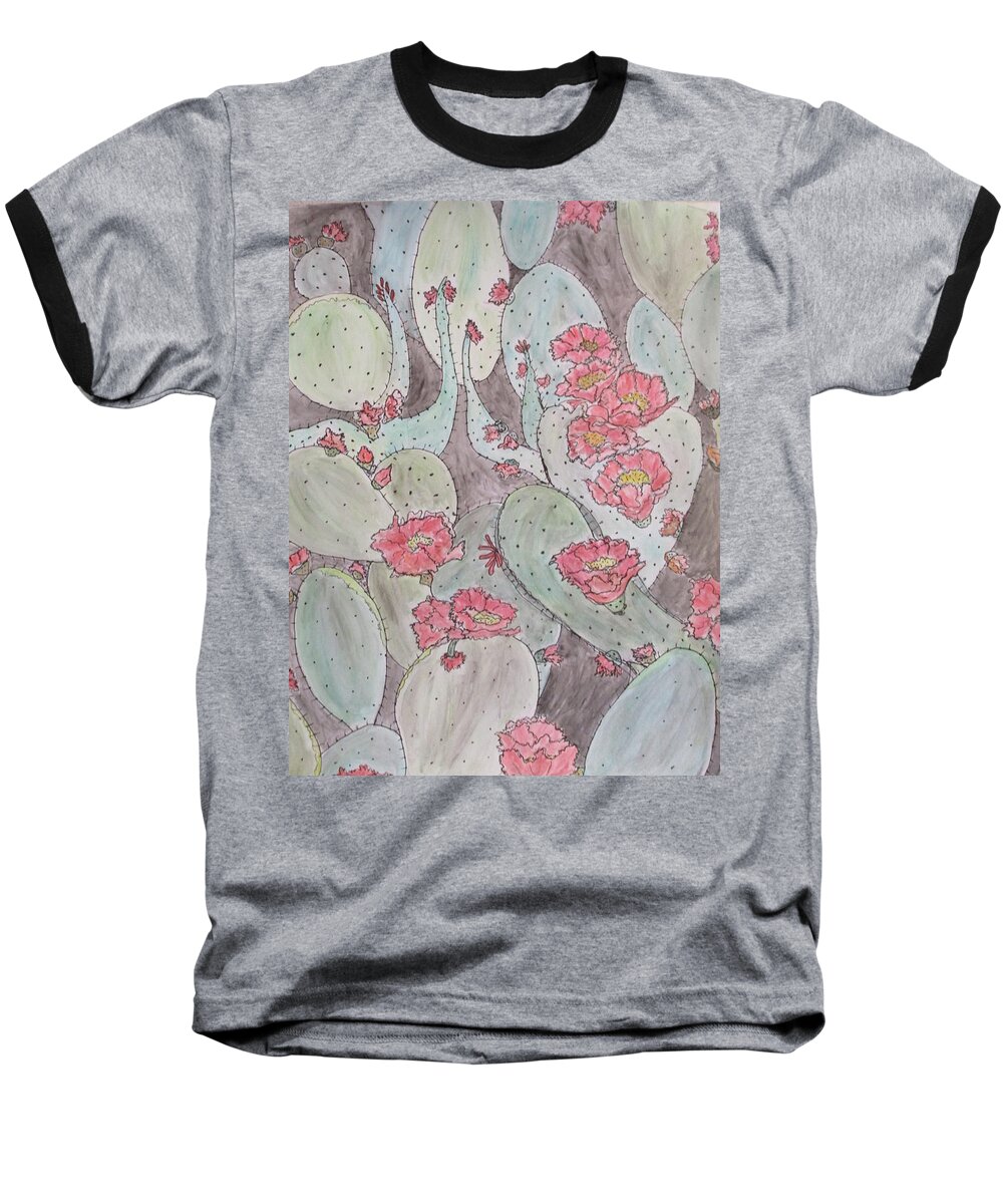 Abstract Cactus Blooming Desert Joy Dark Rose Lt. Rose Vermillion Carmine Pink Yellow All Greens Black Pen And Ink Baseball T-Shirt featuring the mixed media Cactus Voices #2 by Sharyn Winters