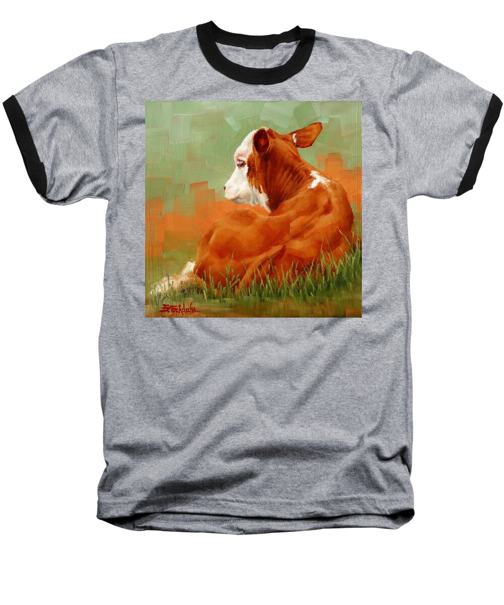 Calf Baseball T-Shirt featuring the painting Calf Reclining by Margaret Stockdale