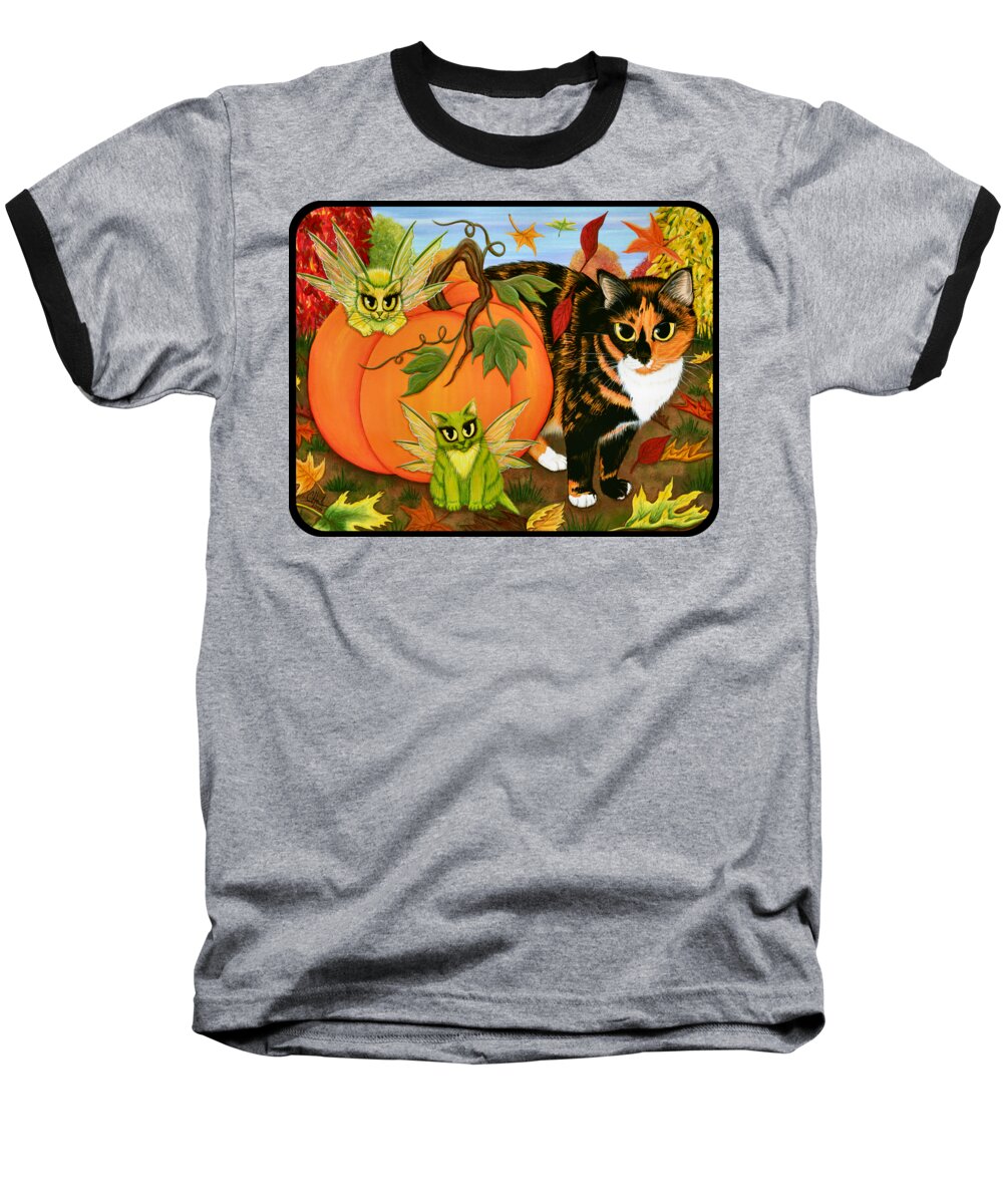 Fairy Cat Baseball T-Shirt featuring the painting Calico's Mystical Pumpkin - Fairy Cats by Carrie Hawks