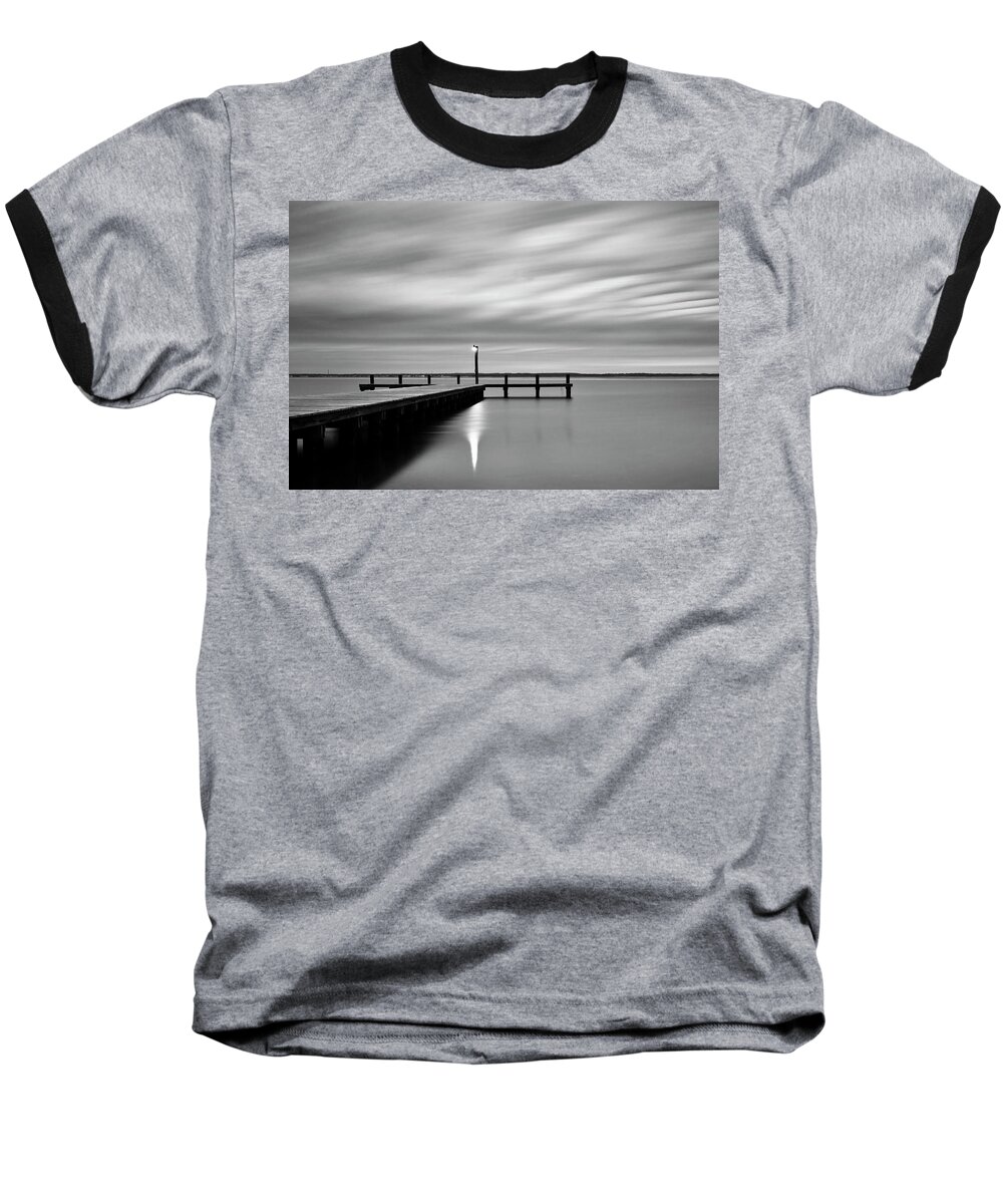 Calm Barnegat Bay New Jersey Black And White Baseball T-Shirt featuring the photograph Calm Barnegat Bay New Jersey Black and White by Terry DeLuco