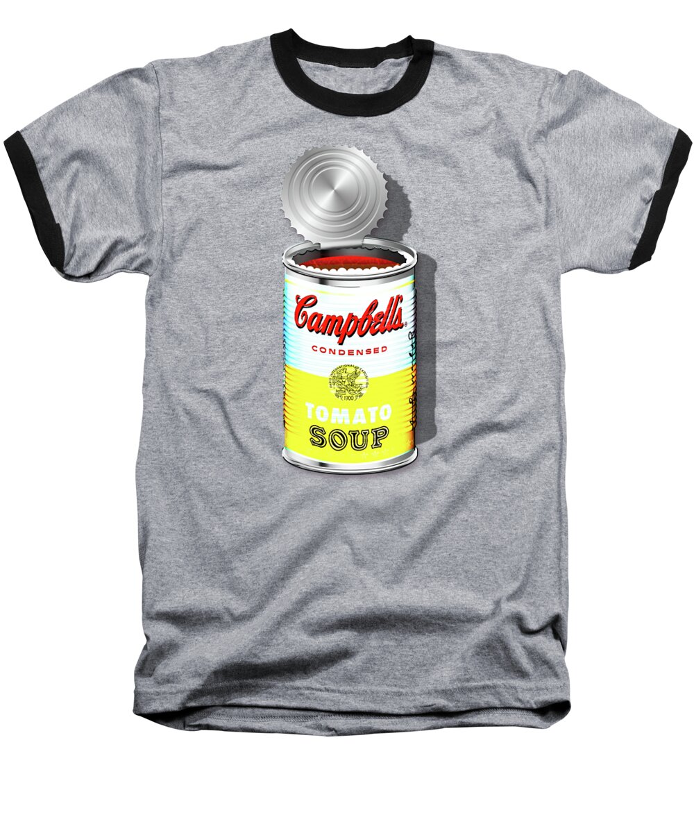 'visual Art Pop' Collection By Serge Averbukh Baseball T-Shirt featuring the digital art Campbell's Soup Revisited - White and Yellow by Serge Averbukh