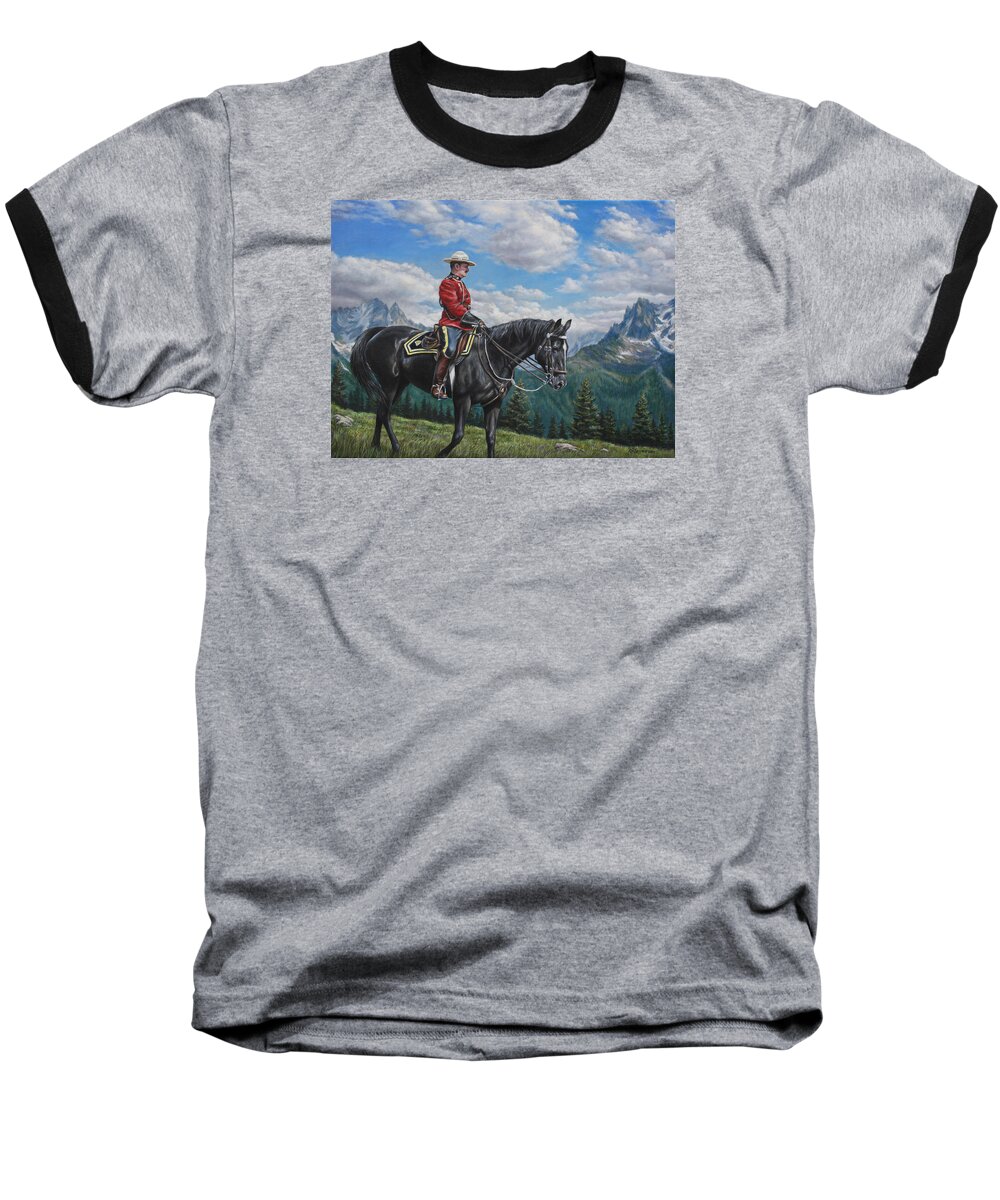 Canadian Mountie Baseball T-Shirt featuring the painting Canadian Majesty by Kim Lockman