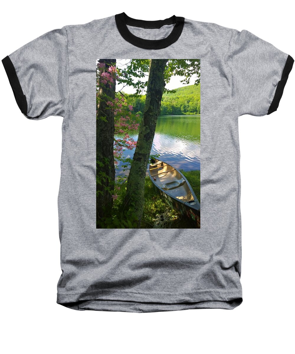 Canoe Baseball T-Shirt featuring the photograph Canoe on Pond, Catskills by Lisa Dunn