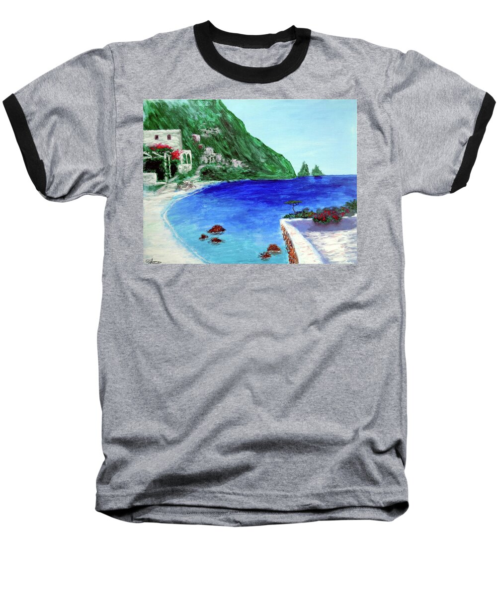 Monte Solaro Capri Baseball T-Shirt featuring the painting Capri by Larry Cirigliano