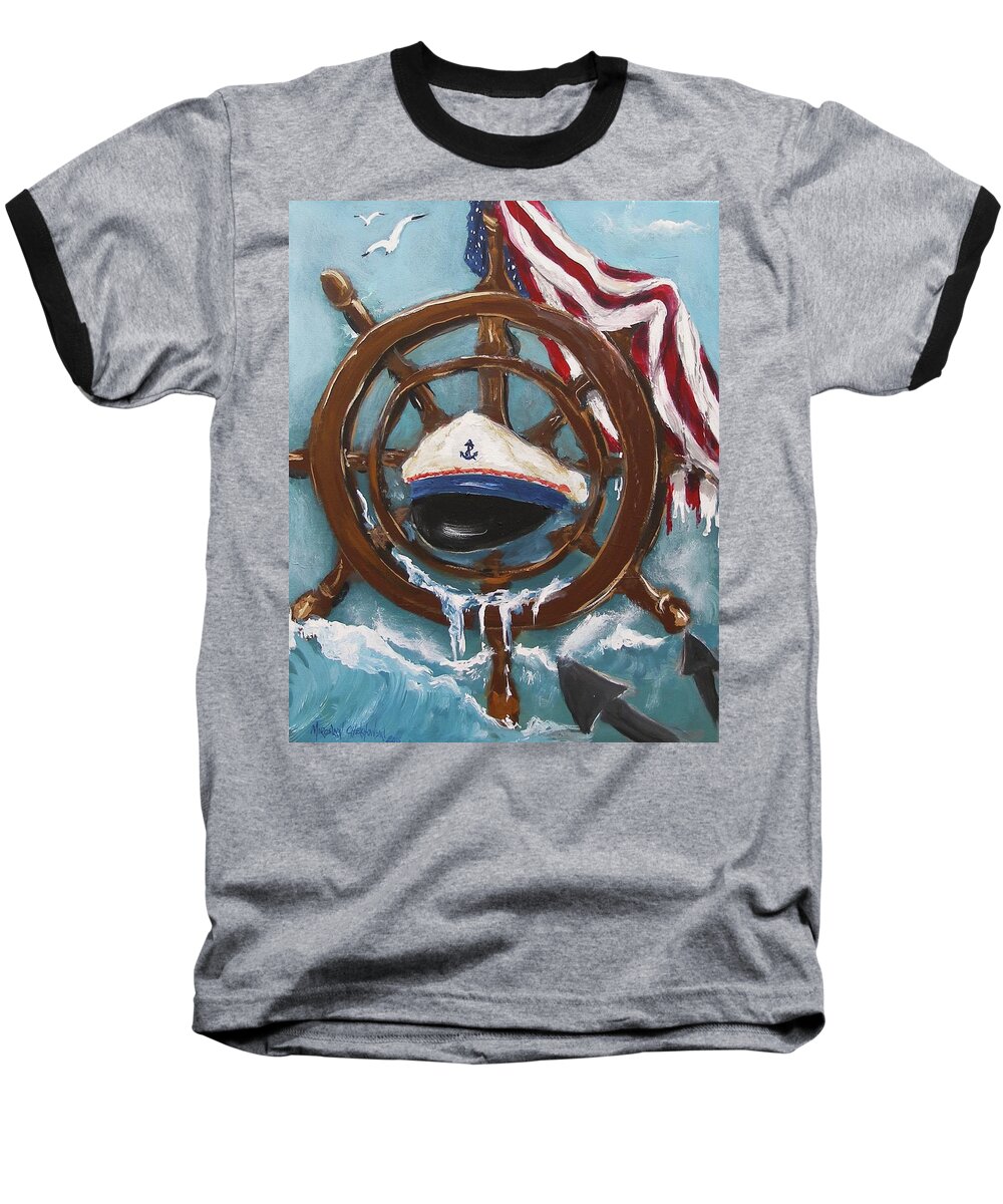 Captain's Home American Flag Ocean Wave Water Hat Seagulls Sea Abstract Painting Acrylic Print Anchor Helm Blue Brown Ship Cruise Seascape Sailing Baseball T-Shirt featuring the painting Captain's Home by Miroslaw Chelchowski