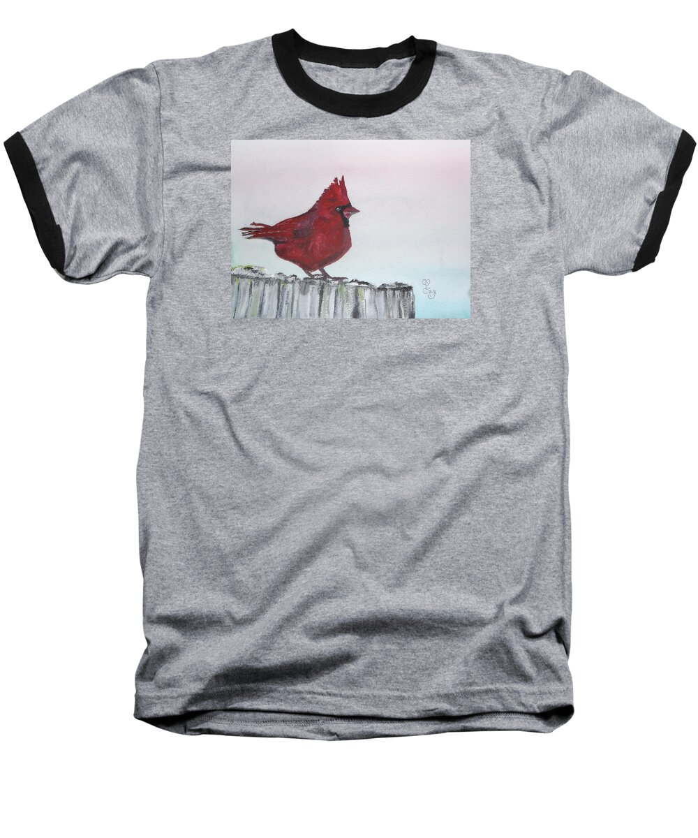 Cardinal Baseball T-Shirt featuring the painting Cardinal on a fence post by Carole Robins