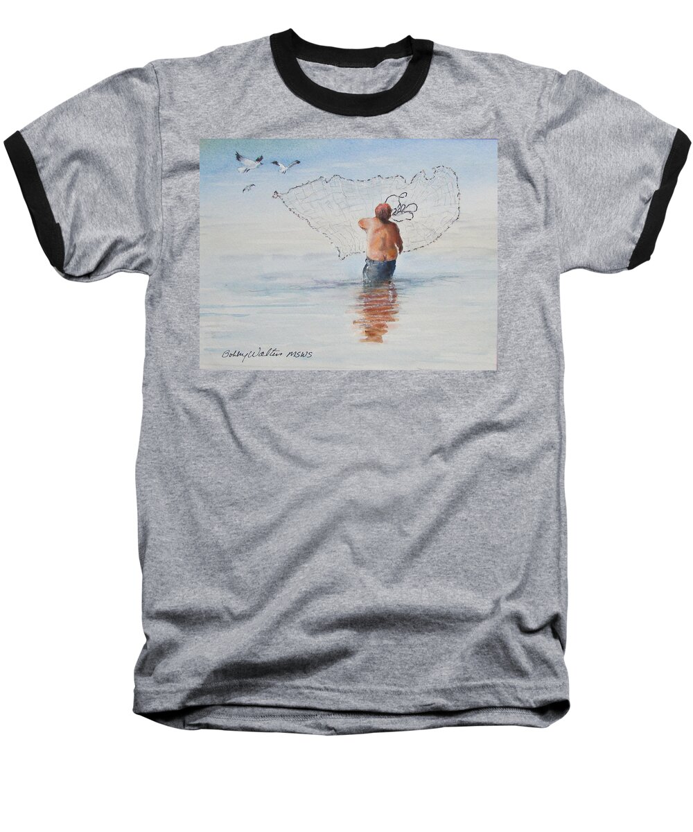  Baseball T-Shirt featuring the painting Cast Net Fishing by Bobby Walters