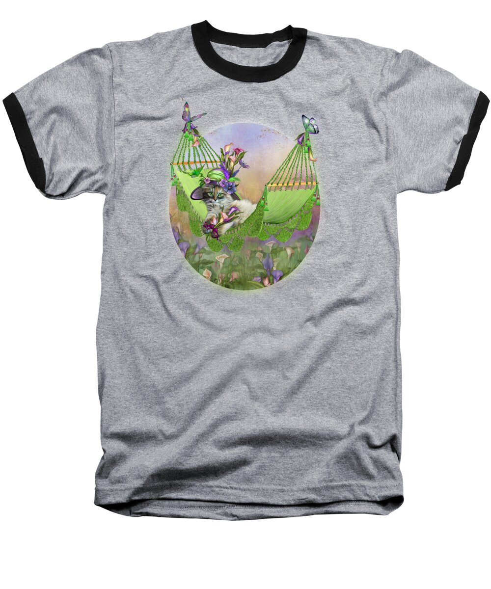 Cat Baseball T-Shirt featuring the mixed media Cat In Calla Lily Hat by Carol Cavalaris