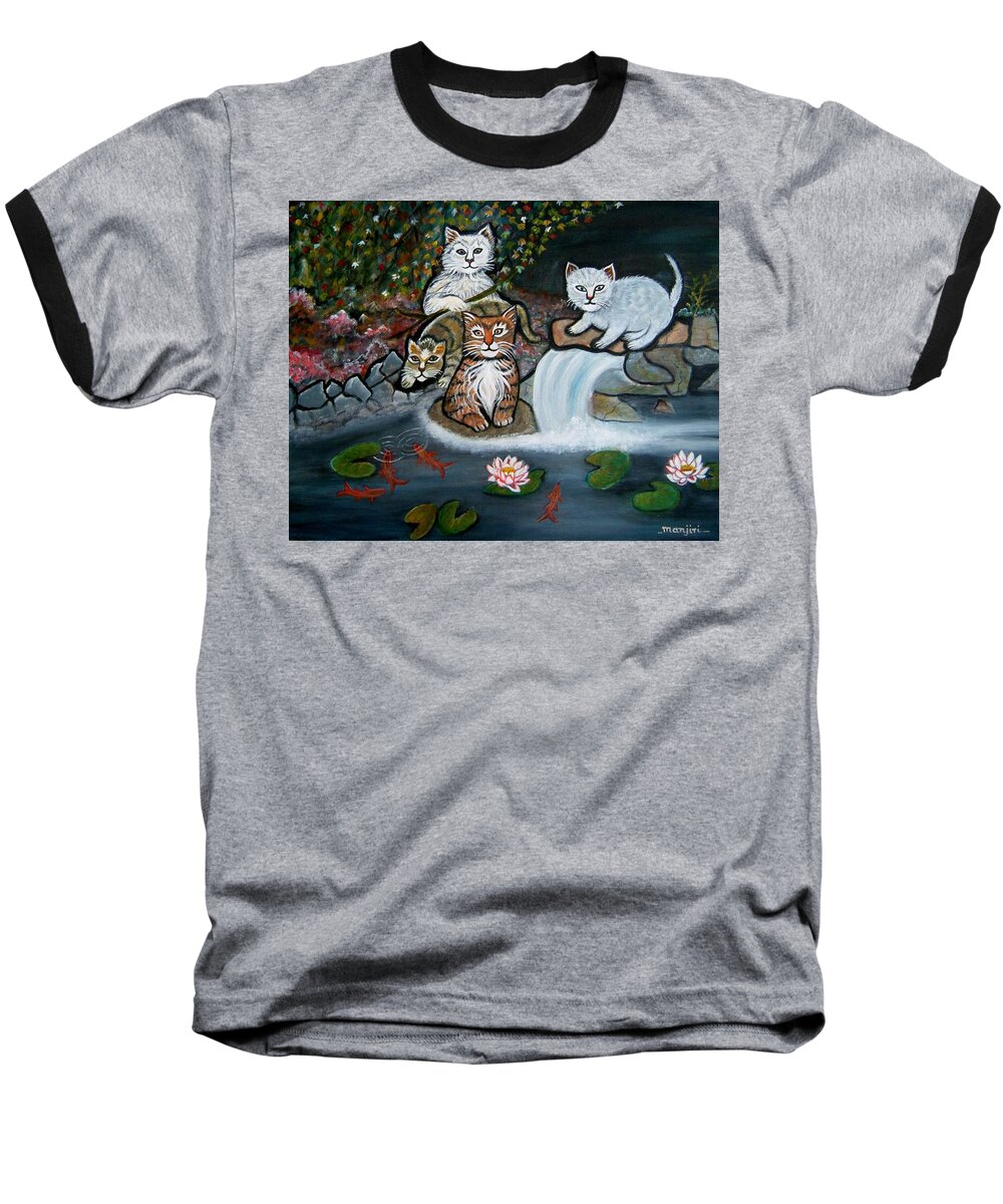 Acrylic Art Landscape Cats Animals Figurative Waterfall Fish Trees Baseball T-Shirt featuring the painting Cats In The Wild by Manjiri Kanvinde