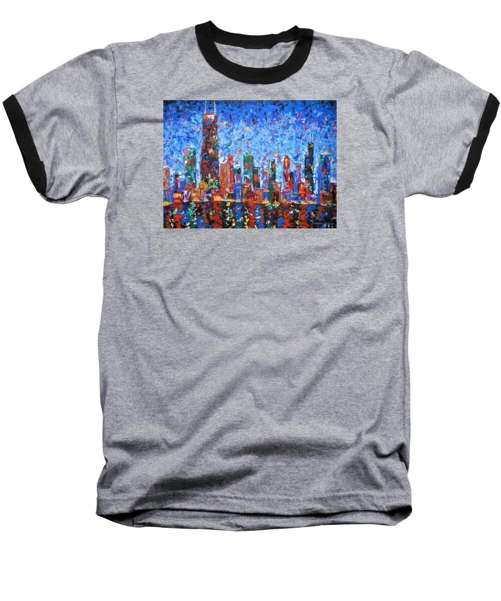 City Skyline Baseball T-Shirt featuring the painting Celebration City by J Loren Reedy