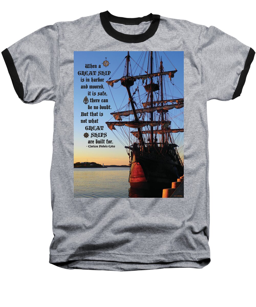 Ship Baseball T-Shirt featuring the digital art Celtic Tall Ship - El Galeon in Halifax Harbour at Sunrise by Celtic Artist Angela Dawn MacKay