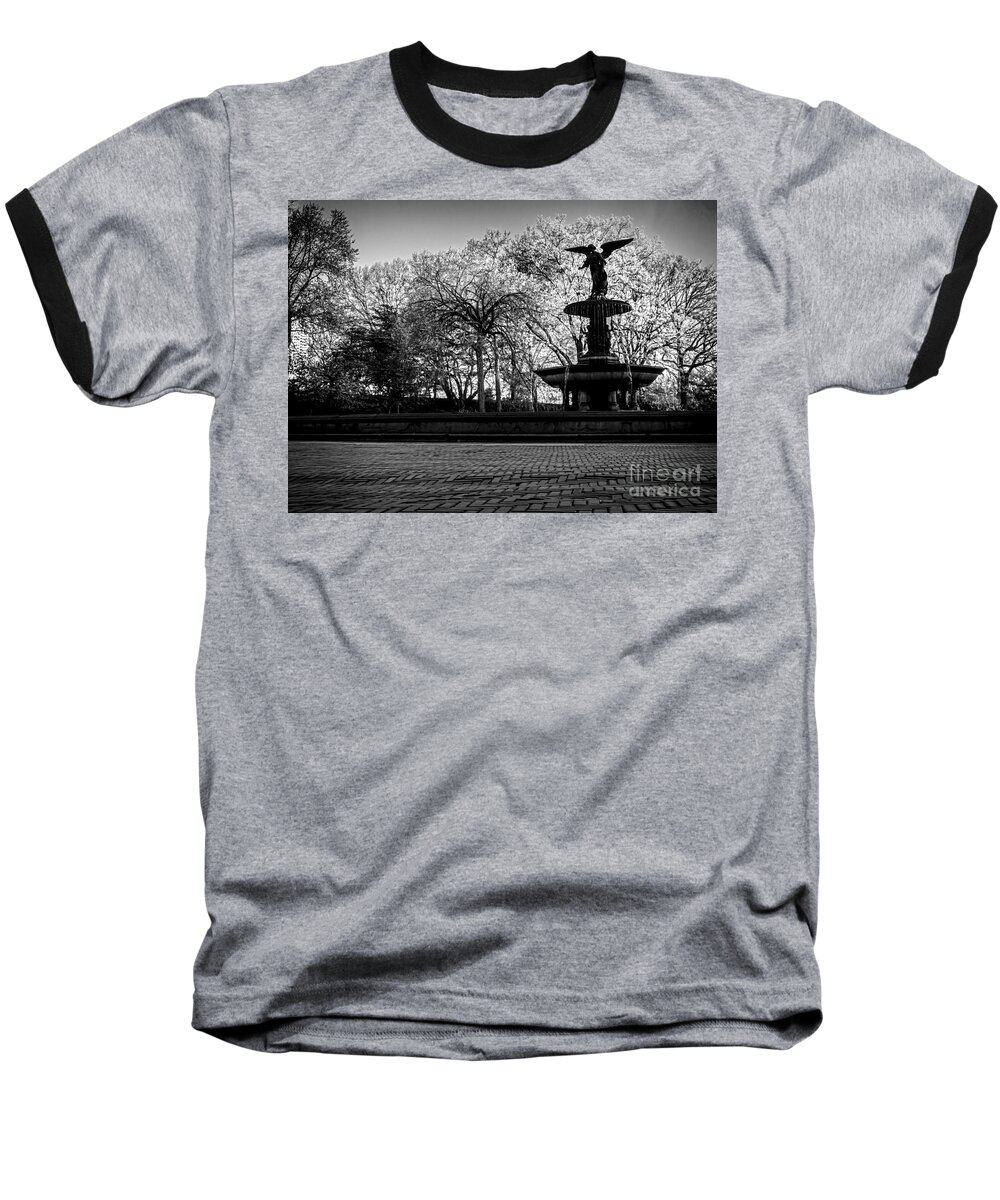 Central Park Baseball T-Shirt featuring the photograph Central Park's Bethesda Fountain - BW by James Aiken