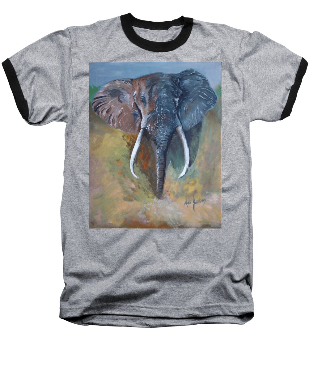 Elephant Baseball T-Shirt featuring the painting Charging Bull by Mike Jenkins